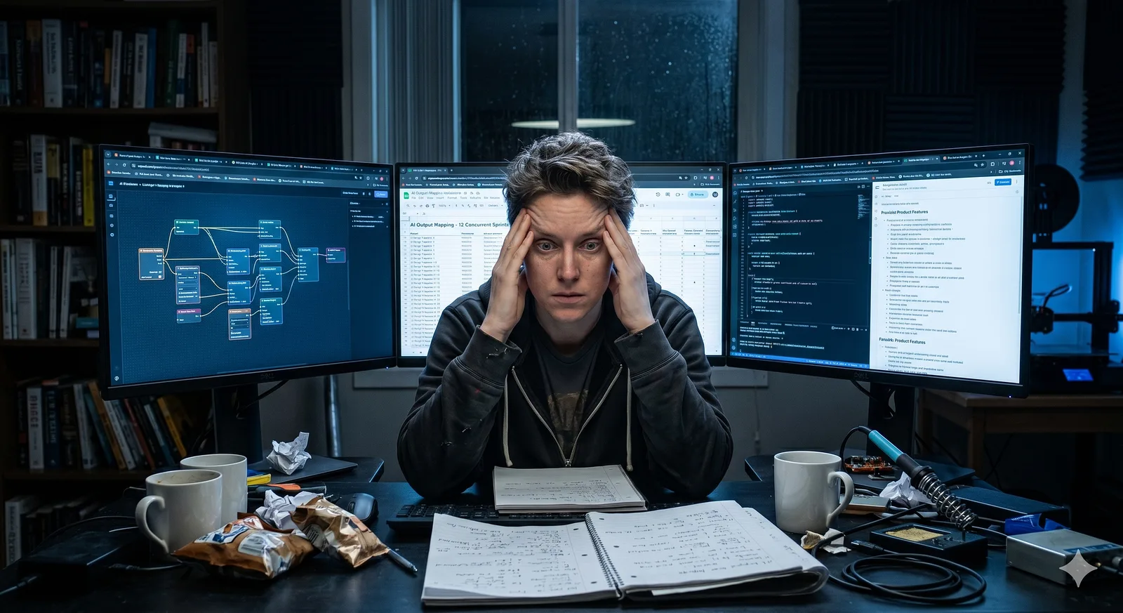 An overwhelmed innovator at a multi-monitor desk, facing agentic-AI burnout